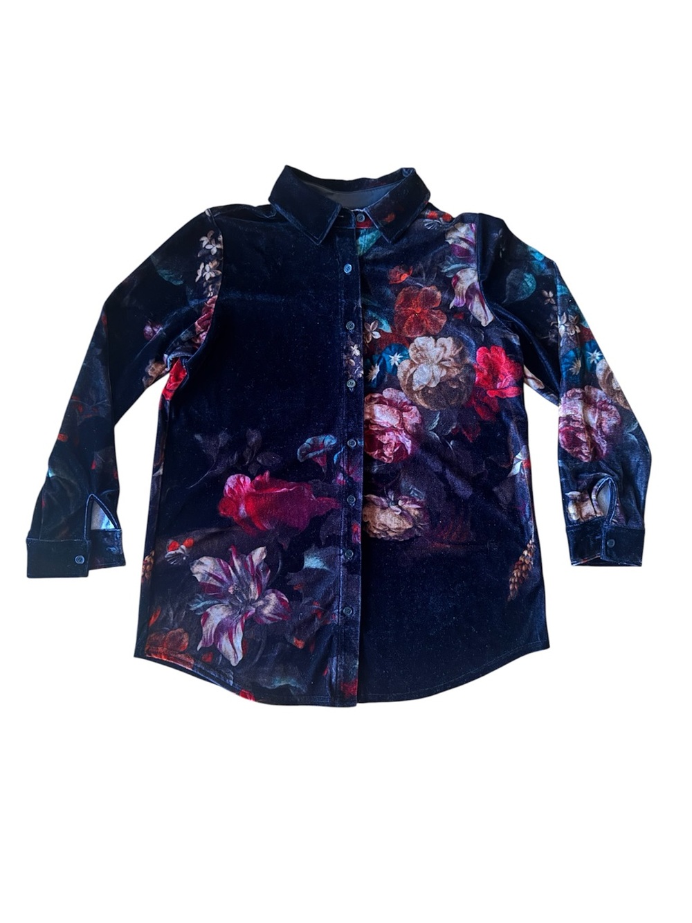 Soft Surroundings Dark Velvet Floral Button Down Collared Shirt Long Sleeve